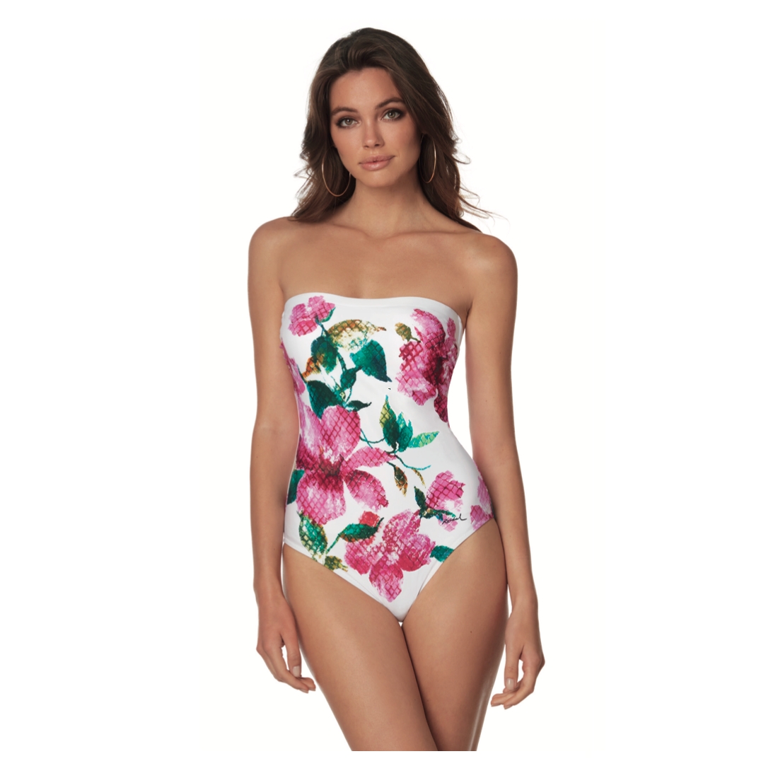Maillot bustier une pièce fleuri fond blanc