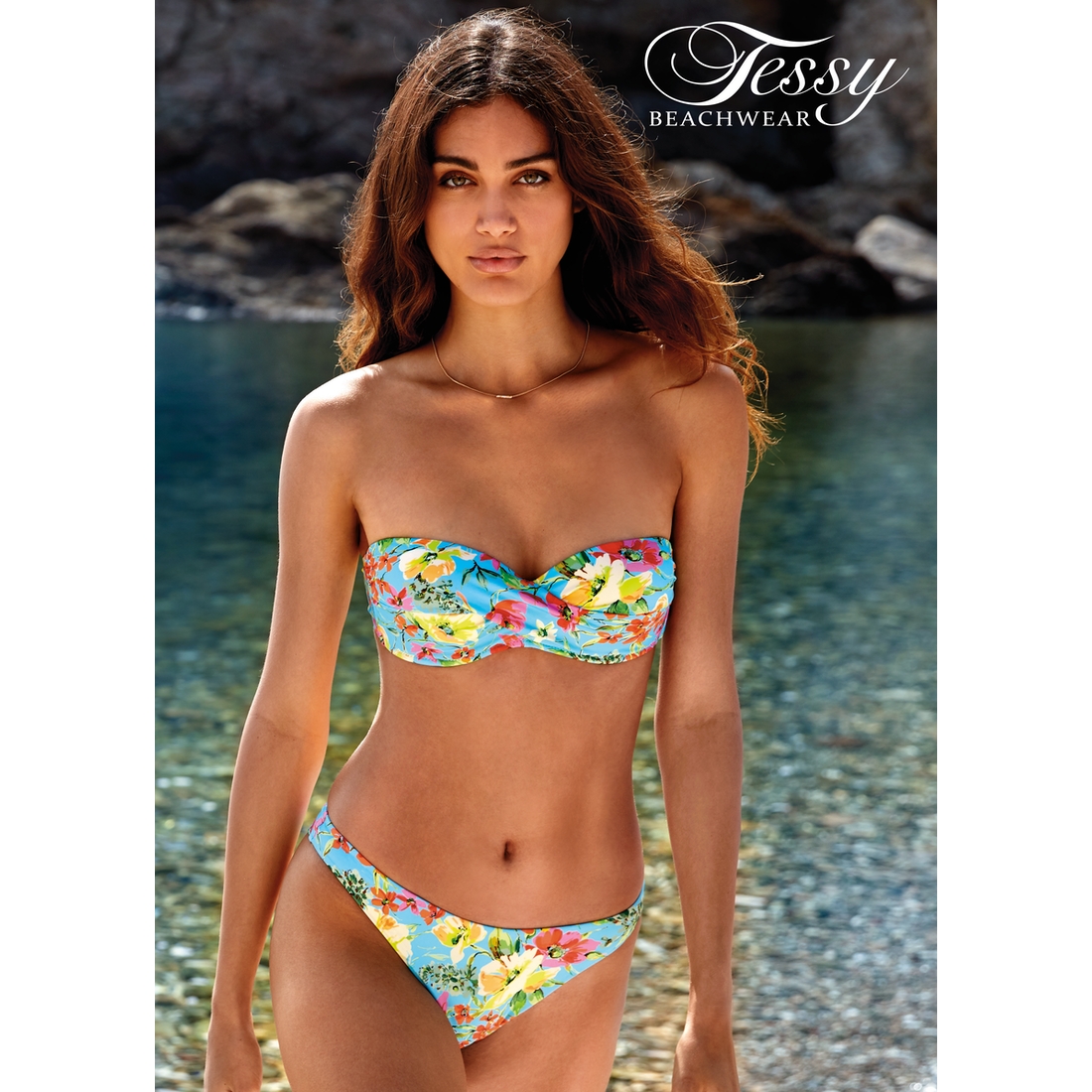 Maillot 2 pièces bandeau fleuri fond bleu