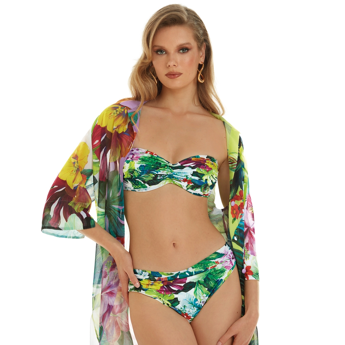 Maillot deux pièces bandeau plissé imprimé fleuri landi